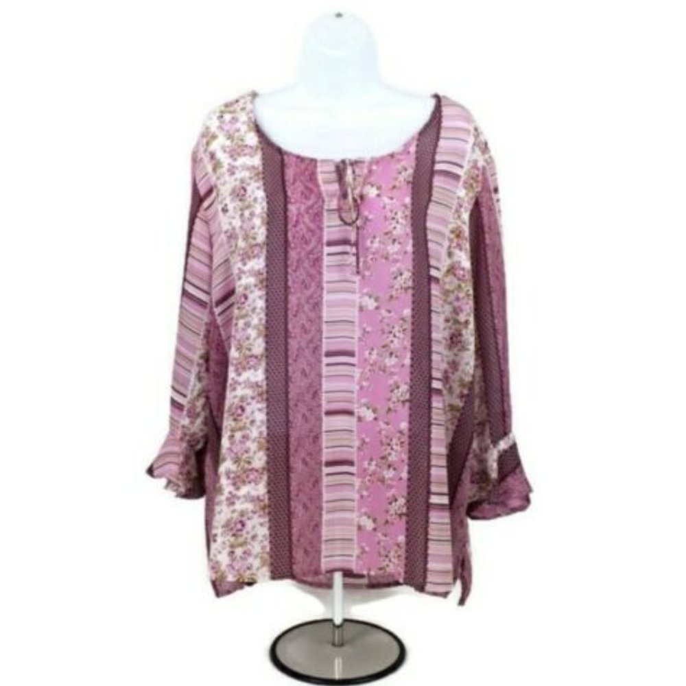 Vintage Joanna Plus Pink Multicolor Blouse Womens 20W Keyhole Ruffled Sleeve